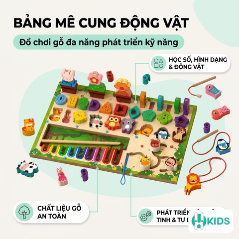 Bảng Mê Cung Động Vật Bằng Gỗ Đa Năng Cho Bé – Học Số, Câu Cá, Ghép Hình