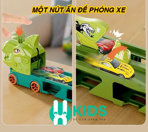 Xe tải container vận chuyển khủng long cỡ lớn biến hình đường ray ô tô siêu tốc dài 2m1 kèm nhiều ô tô cho bé