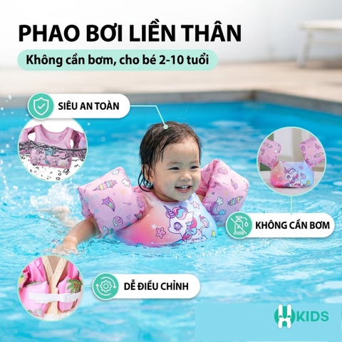 Phao bơi trẻ em ,phao tập bơi liền thân trợ nổi đỡ ngực siêu an toàn cho bé Trai - bé Gái 2- 10 tuổi (Không Cần Bơm)