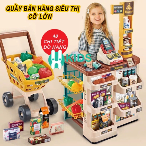 Đồ chơi quầy bán hàng siêu thị cỡ lớn kèm xe đẩy với máy quẹt thẻ, mã vạch có hiệu ứng âm thanh ánh sáng cho bé