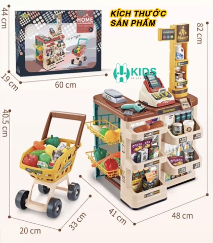 Đồ chơi quầy bán hàng siêu thị cỡ lớn kèm xe đẩy với máy quẹt thẻ, mã vạch có hiệu ứng âm thanh ánh sáng cho bé