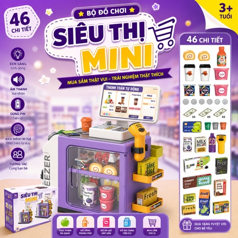Bộ đồ chơi siêu thị mini cho bé kèm máy quét tính tiền 46 chi tiết – quầy bán hàng mô phỏng có đèn âm thanh