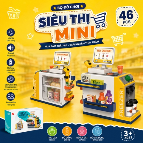 Bộ đồ chơi siêu thị mini cho bé kèm máy quét tính tiền 46 chi tiết – quầy bán hàng mô phỏng có đèn âm thanh