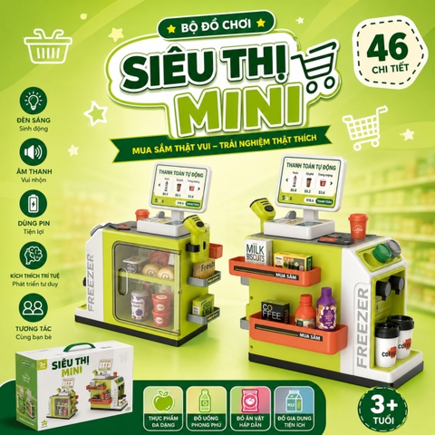 Bộ đồ chơi siêu thị mini cho bé kèm máy quét tính tiền 46 chi tiết – quầy bán hàng mô phỏng có đèn âm thanh