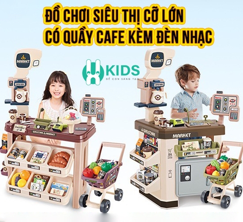 Đồ chơi siêu thị bán hàng size to lớn 64pcs kèm xe đẩy có quầy pha cafe, quầy tính tiền, máy quẹt thẻ có đèn nhạc cho bé