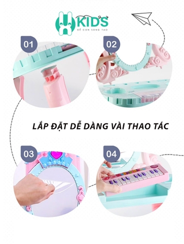 Đồ chơi bàn ghế trang điểm lâu đài công chúa cỡ lớn kết hợp đàn piano cho bé gái kèm máy sấy điện có đèn nhạc