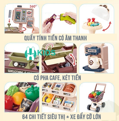 Đồ chơi siêu thị bán hàng size to lớn 64pcs kèm xe đẩy có quầy pha cafe, quầy tính tiền, máy quẹt thẻ có đèn nhạc cho bé