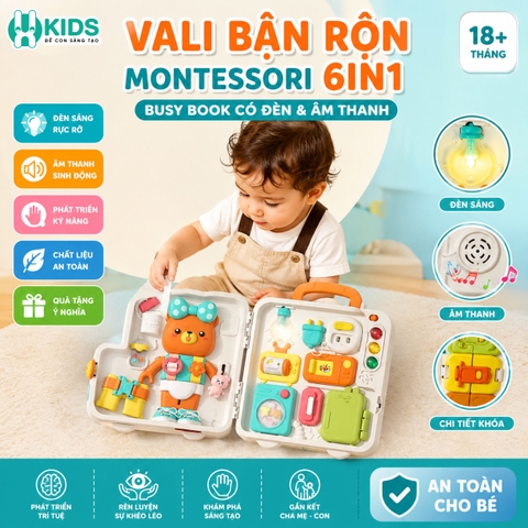 Vali Bận Rộn Montessori 6in1 Busy Book Có Đèn Và Âm Thanh Cho Bé 18 Tháng+