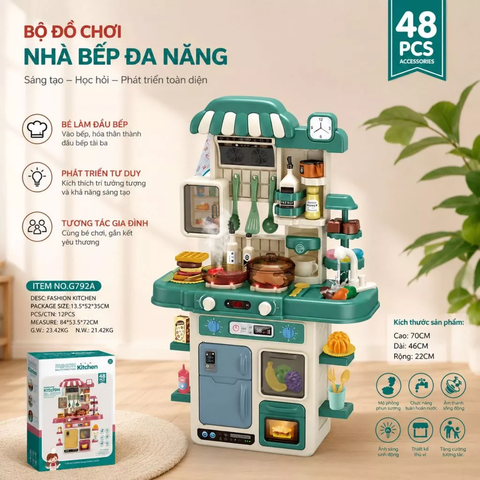 Bộ Đồ Chơi Nhà Bếp 48 Chi Tiết G792A Cho Bé – Bếp Cỡ Lớn 72cm, Vòi Nước, Phun Khói