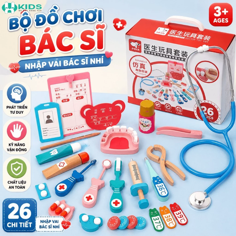 Bộ Đồ Chơi Bác Sĩ Bằng Gỗ Cho Bé, Dụng Cụ Khám Bệnh Nhập Vai Từ 36 Tháng
