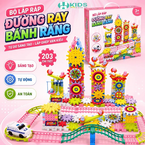Bộ Xếp Hình Bánh Răng Chuyển Động 203 Chi Tiết, Đường Ray Xe Điện Lắp Ráp Sáng Tạo Cho Bé