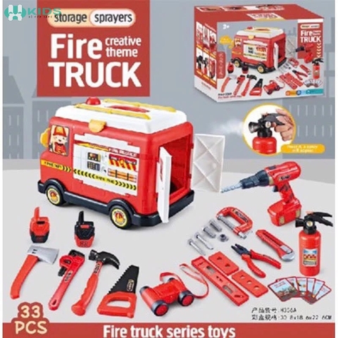 Xe Cứu Hỏa Đồ Chơi Có Nhạc Đèn, Bộ Dụng Cụ Sửa Chữa Nhập Vai Lính Cứu Hỏa 33 Chi Tiết