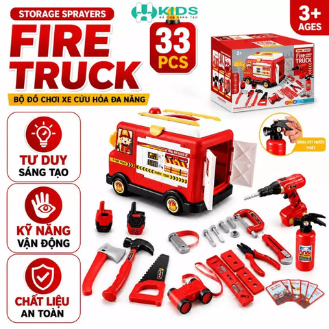 Xe Cứu Hỏa Đồ Chơi Có Nhạc Đèn, Bộ Dụng Cụ Sửa Chữa Nhập Vai Lính Cứu Hỏa 33 Chi Tiết