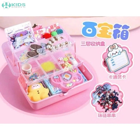 Hộp Trang Sức Công Chúa 3 Tầng Có Quai Xách, Kèm Vòng Tay DIY Và Phụ Kiện