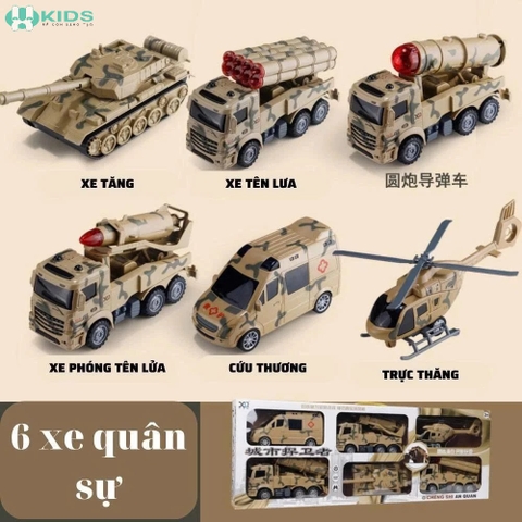 Set 6 Xe Ô Tô Quân Sự Cỡ Lớn, Xe Tăng Tên Lửa Trực Thăng Cứu Thương Chạy Đà Cho Bé