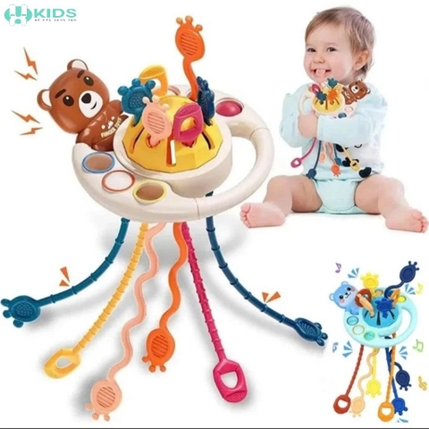 Đồ Chơi Kéo Dây Silicone 5in1 Cho Bé, Bảng Bận Rộn Luyện Cầm Nắm Và Vận Động Tinh