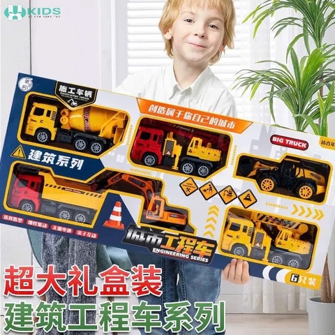 Bộ 6 Xe Công Trình Màu Vàng, Mô Hình Khớp Chuyển Động Cho Bé