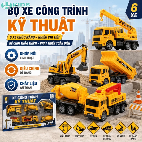 Bộ 6 Xe Công Trình Màu Vàng, Mô Hình Khớp Chuyển Động Cho Bé