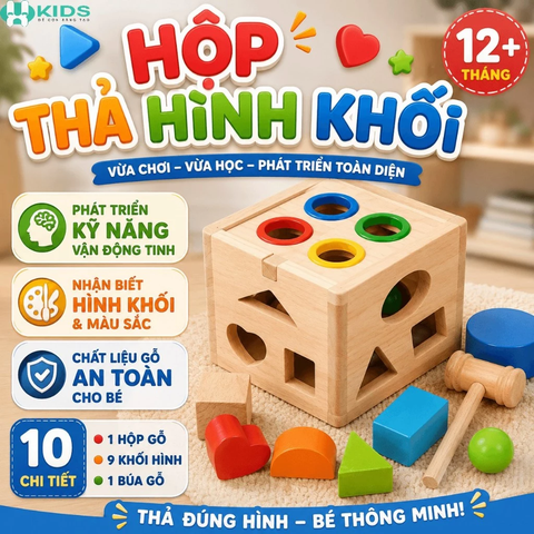 Hộp Thả Hình Khối Gỗ Kèm Búa Đập Bóng Cho Bé
