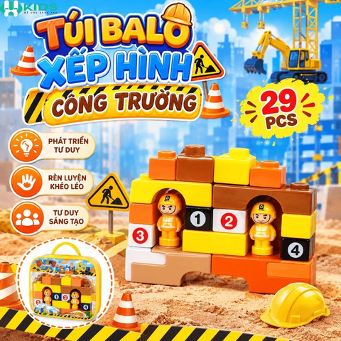 Túi Balo Xếp Hình Công Trường 29pcs , Bộ Khối Lắp Ghép Số Học Kèm Nhân Vật Cho Bé 3+