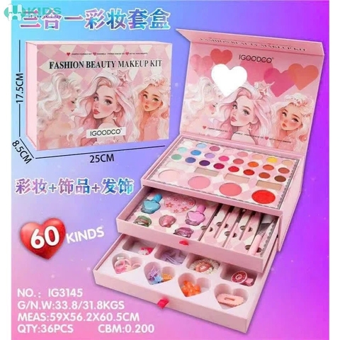 Hộp Makeup 60 Chi Tiết Kèm Phụ Kiện Trang Điểm 3in1 Cho Bé