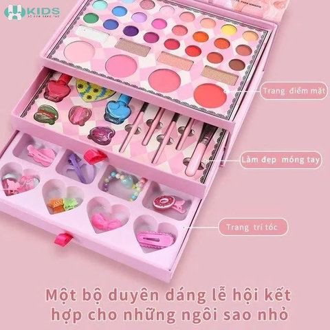 Hộp Makeup 60 Chi Tiết Kèm Phụ Kiện Trang Điểm 3in1 Cho Bé