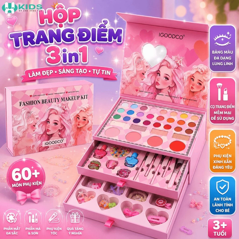 Hộp Makeup 60 Chi Tiết Kèm Phụ Kiện Trang Điểm 3in1 Cho Bé
