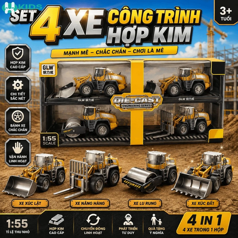 Set 4 Xe Công Trình Hợp Kim Tỷ Lệ 1:55 Cho Bé