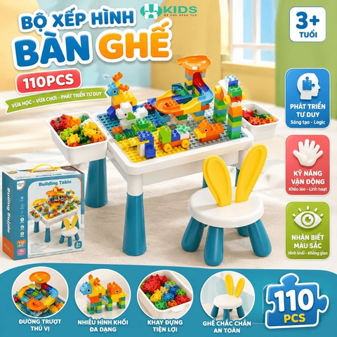 Bộ Xếp Hình Bàn Ghế Tai Thỏ Đa Năng 110 Chi Tiết Cho Bé