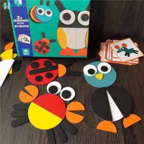 Bộ Đồ Chơi Ghép Hình Gỗ Các Con Vật Montessori – Xếp Hình Sáng Tạo Theo Thẻ Mẫu Cho Bé