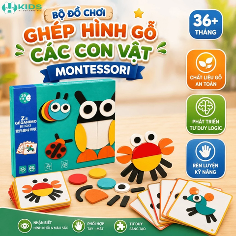 Bộ Đồ Chơi Ghép Hình Gỗ Các Con Vật Montessori – Xếp Hình Sáng Tạo Theo Thẻ Mẫu Cho Bé