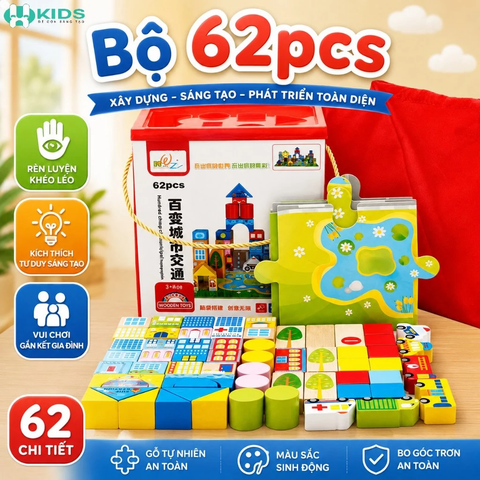 Bộ Xếp Hình Gỗ Thành Phố Giao Thông 62 Chi Tiết Cho Bé
