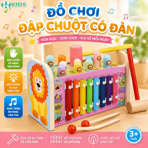 Đồ Chơi Gỗ Đập Chuột Sư Tử Có Đàn Xylophone Cho Bé