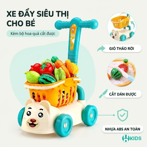 Xe Đẩy Siêu Thị Cho Bé Kèm Đồ Chơi Các Loại Hoa Qủa Cho Bé Tập Đi Chợ, Chở Búp Bê, Thú Bông Đi Chơi. 