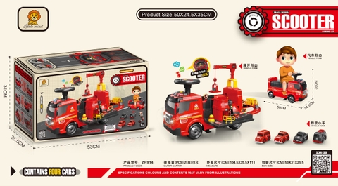 Xe chòi chân scooter thông minh biến dạng 2in1 mô phỏng ô tô cứu hoả có vòi phun nước, máy xúc cần cẩu cho bé