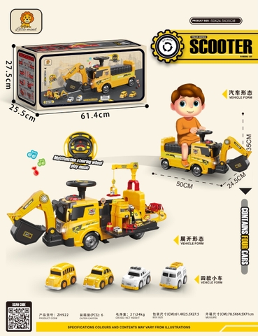 Xe chòi chân scooter thông minh biến dạng 2in1 mô phỏng ô tô cứu hoả có vòi phun nước, máy xúc cần cẩu cho bé
