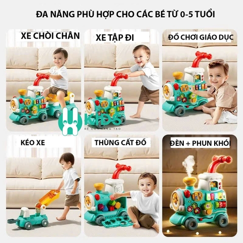 Xe tập đi đa năng 5in1 mô hình tàu hoả xe lửa kết hợp xe chòi chân kèm đồ chơi giáo dục sớm có nhạc đèn phun khói cho bé