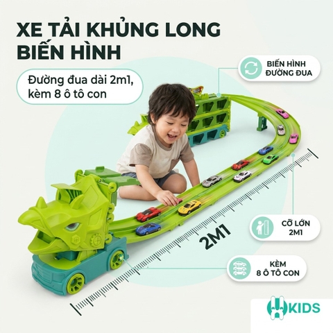 Xe tải container vận chuyển khủng long cỡ lớn biến hình đường ray ô tô siêu tốc dài 2m1 kèm nhiều ô tô cho bé
