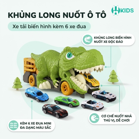 Xe Khủng Long Nuốt Ô Tô Kèm 6 Xe Đua Mini Cho Bé