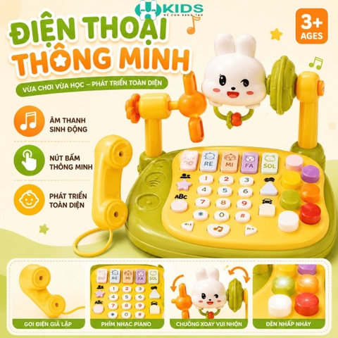 Điện Thoại Thỏ Để Bàn, Đồ Chơi Đa Năng Có Đàn Piano Đèn Nhạc Cho Bé