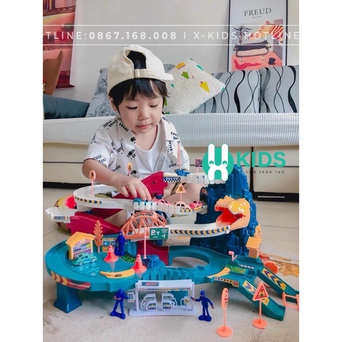 Full Bộ Đồ Chơi Đường Đua Khủng Long Siêu Tốc Kết Hợp Garage 5 Tầng Cho bé