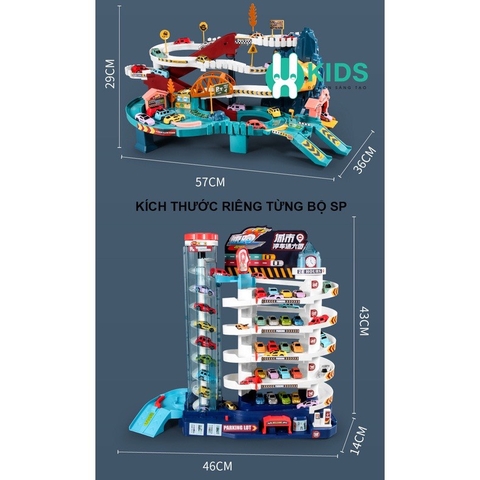 Full Bộ Đồ Chơi Đường Đua Khủng Long Siêu Tốc Kết Hợp Garage 5 Tầng Cho bé