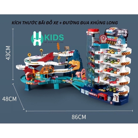 Full Bộ Đồ Chơi Đường Đua Khủng Long Siêu Tốc Kết Hợp Garage 5 Tầng Cho bé