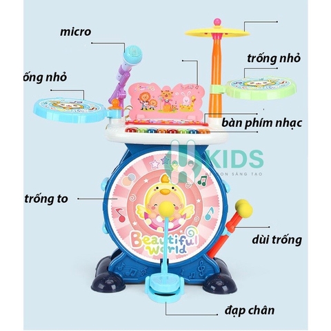 Bộ đồ chơi trống Jazz Drum kết hợp bàn nhạc cụ nhiều chế độ có sẵn micro ghi âm cho bé (kèm ghế ngồi)