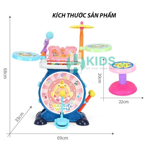 Bộ đồ chơi trống Jazz Drum kết hợp bàn nhạc cụ nhiều chế độ có sẵn micro ghi âm cho bé (kèm ghế ngồi)