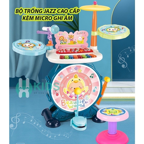 Bộ đồ chơi trống Jazz Drum kết hợp bàn nhạc cụ nhiều chế độ có sẵn micro ghi âm cho bé (kèm ghế ngồi)