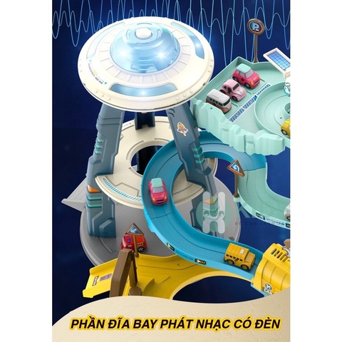 Đồ chơi đường đua vũ trụ, đĩa bay, trạm radar có đèn, nhạc