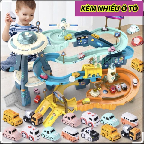 Đồ chơi đường đua vũ trụ, đĩa bay, trạm radar có đèn, nhạc