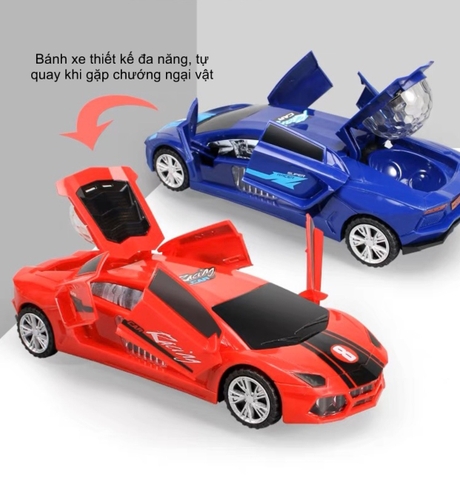Đồ chơi xe đua ô tô điện có âm thanh, ánh sáng, có thể xoay 360, mở cửa tự động, cảm biến tránh chướng ngại vật