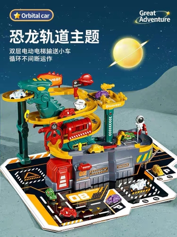 Đồ chơi lắp ráp đường đua ô tô kết hợp garage bãi đỗ xe 4 tầng mô hình khủng long cỡ lớn có phun khói đèn nhạc cho bé
